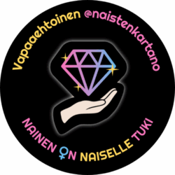 Pyöreä logo, jossa mustalla pohjalla timanttia pitelevä käsi sekä tekstit vapaaehtoinen @naistenkartano ja nainen on naiselle tuki